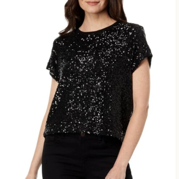 Elliot Lauren Black Sequin Short Sleeve Top Women's Size Medium - Picture 4 of 12